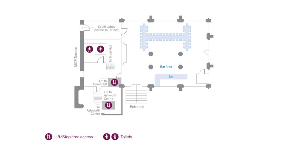 Floor plan of restaurant showing bathrooms, bar area, lifts, entrance and access points