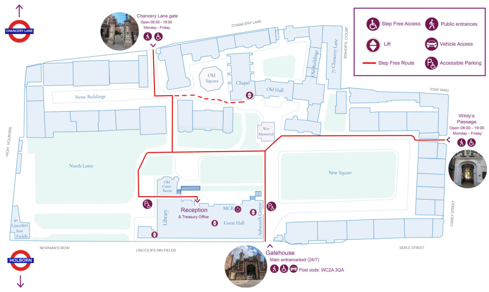 A map of the Lincoln's Inn estate showing step free access routes