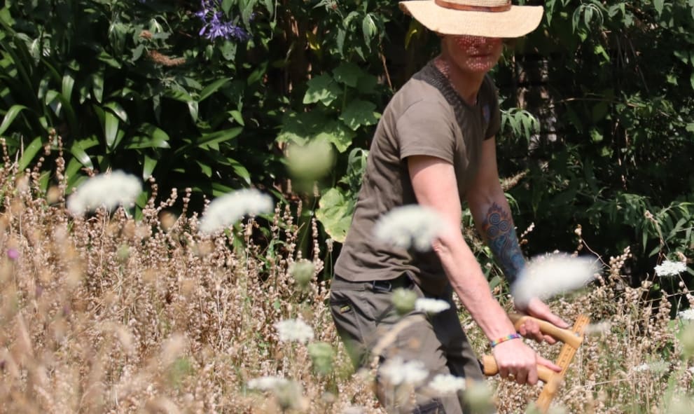 Gardener in straw hat scything the wildflower meadow on North Lawn at Lincoln's Inn