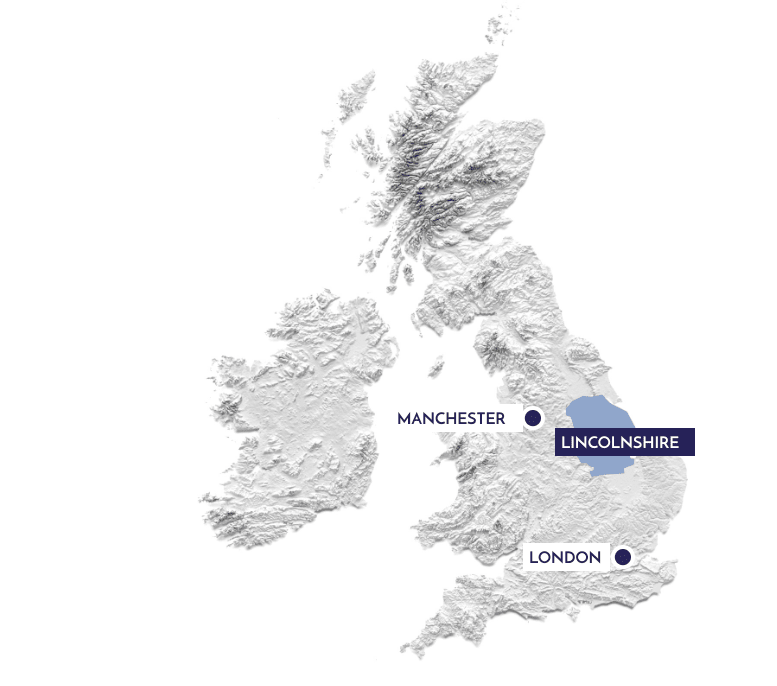 A map of Great Britain showing Lincolnshire's location in relation to the ret of the country.