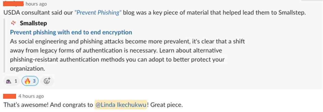 Screenshot showing how Linda, via an article, attracted the United States Department of Agriculture (USDA) to Smallstep labs