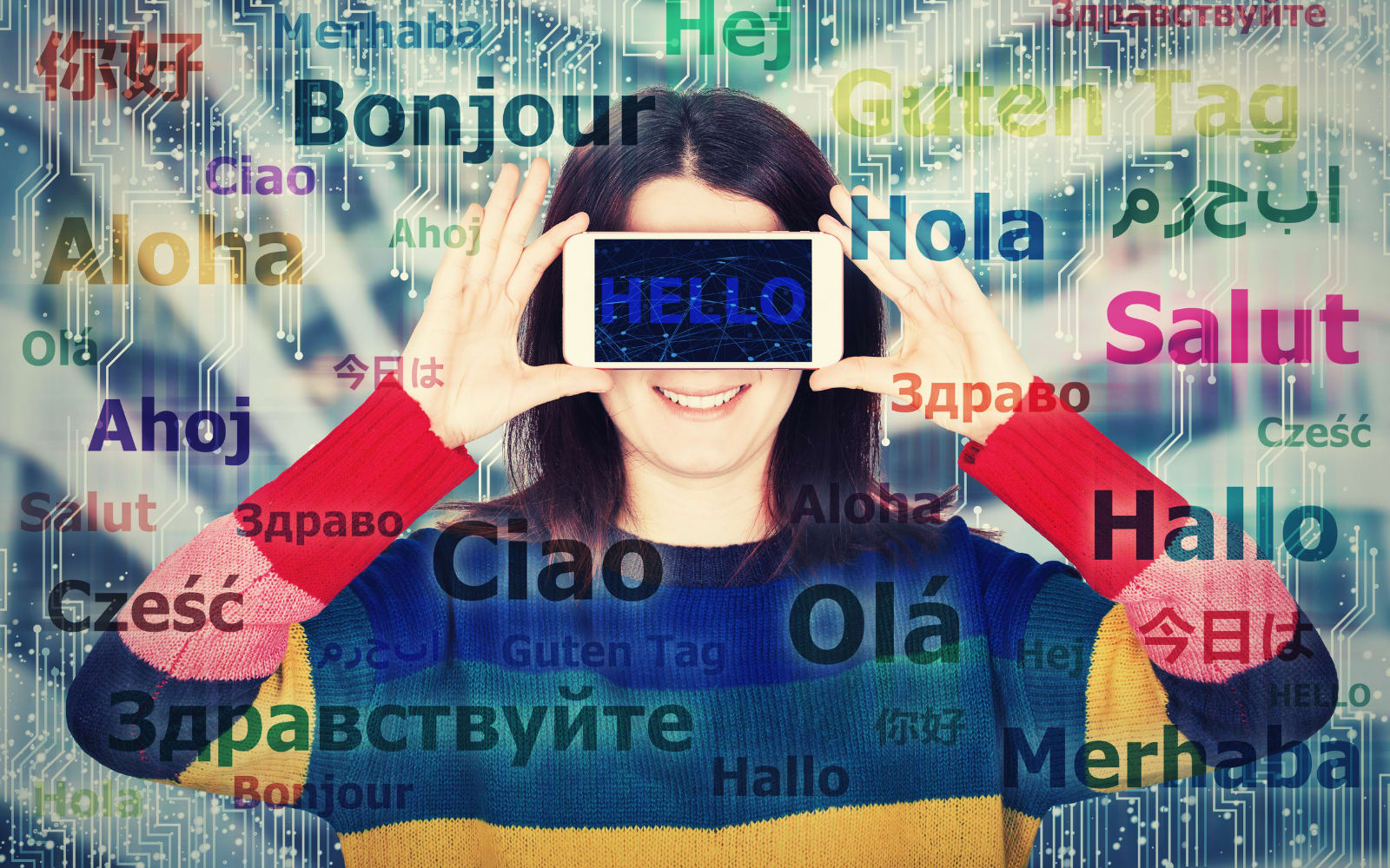 Main image in the blog post over whether you should learn two languages at the same time, showing "Hi" in many languages.