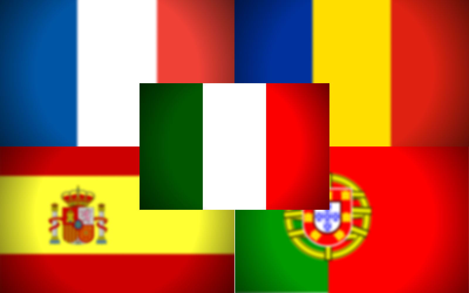 The flags of the five main Romance languages of the The Romance Language Family are depicted.