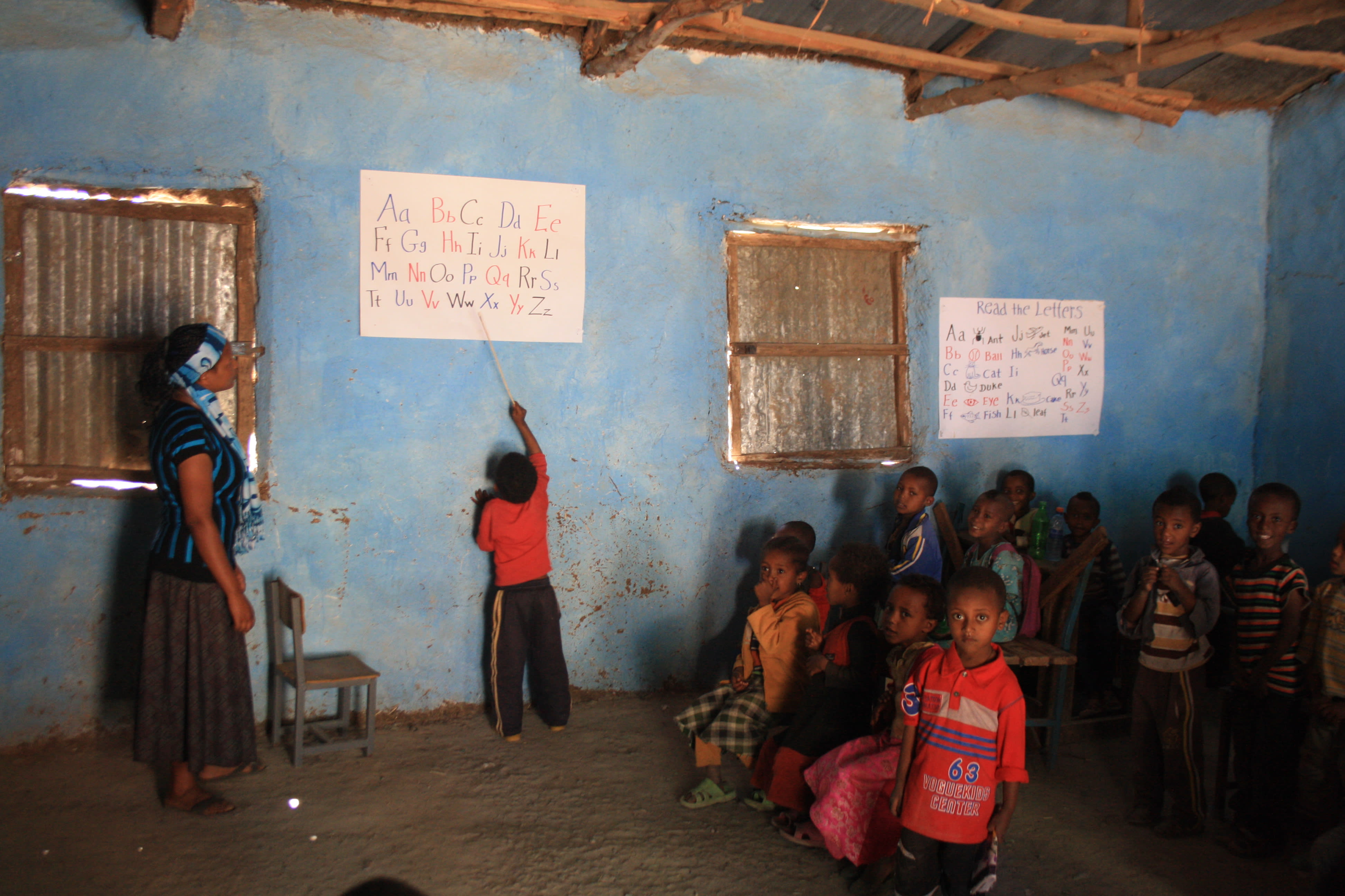 Kindergarten students chanting the English alphabet for their visitors at Arbatu Ensesa. Many more schools now have a KG class but funding is limited and most parents cannot afford to pay.