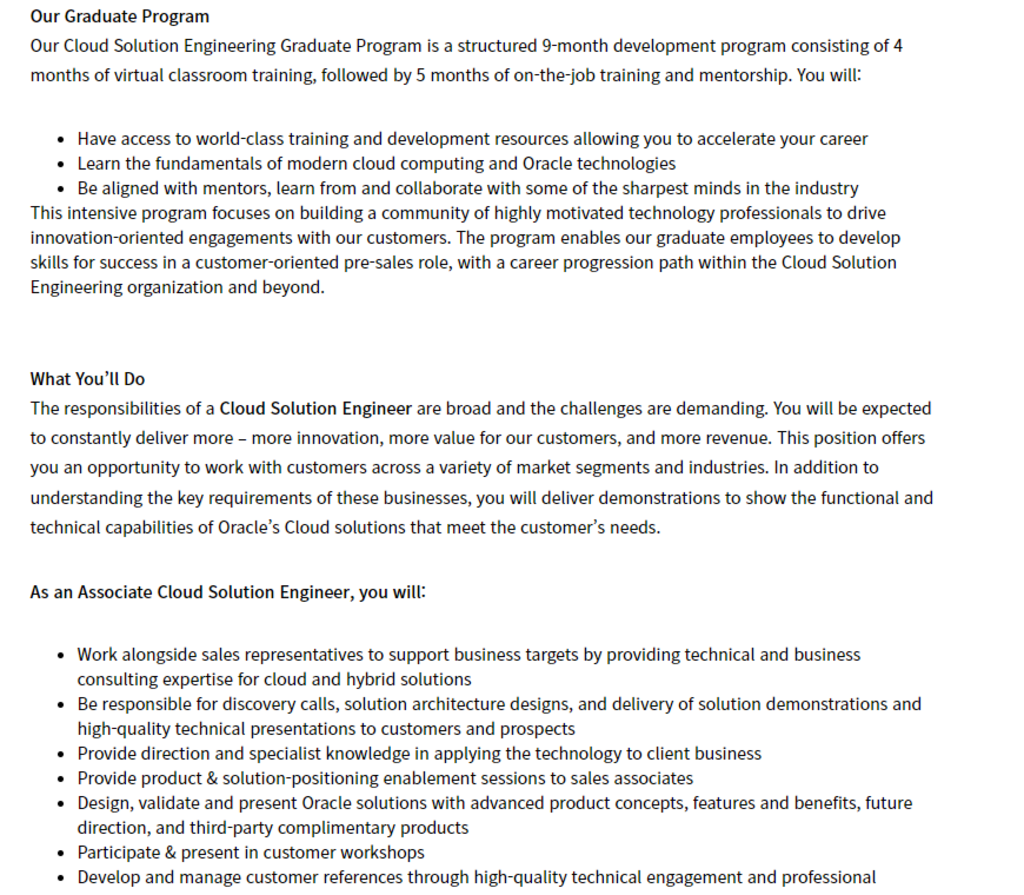 Solution Engineer Oracle Graduate Program - Associate Cloud Solution ...