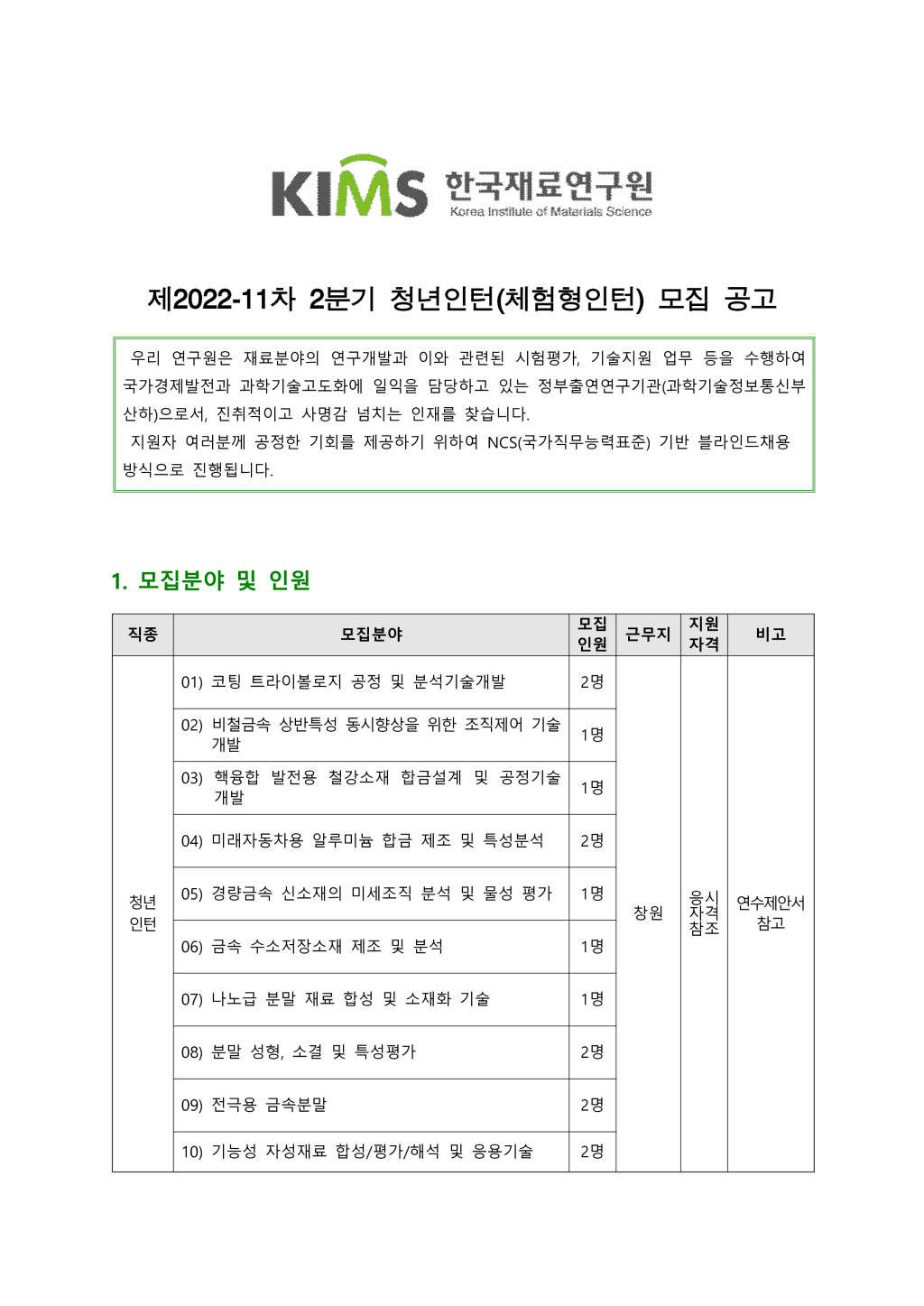 제2022-11차 2분기 청년인턴(체험형인턴) 모집 공고