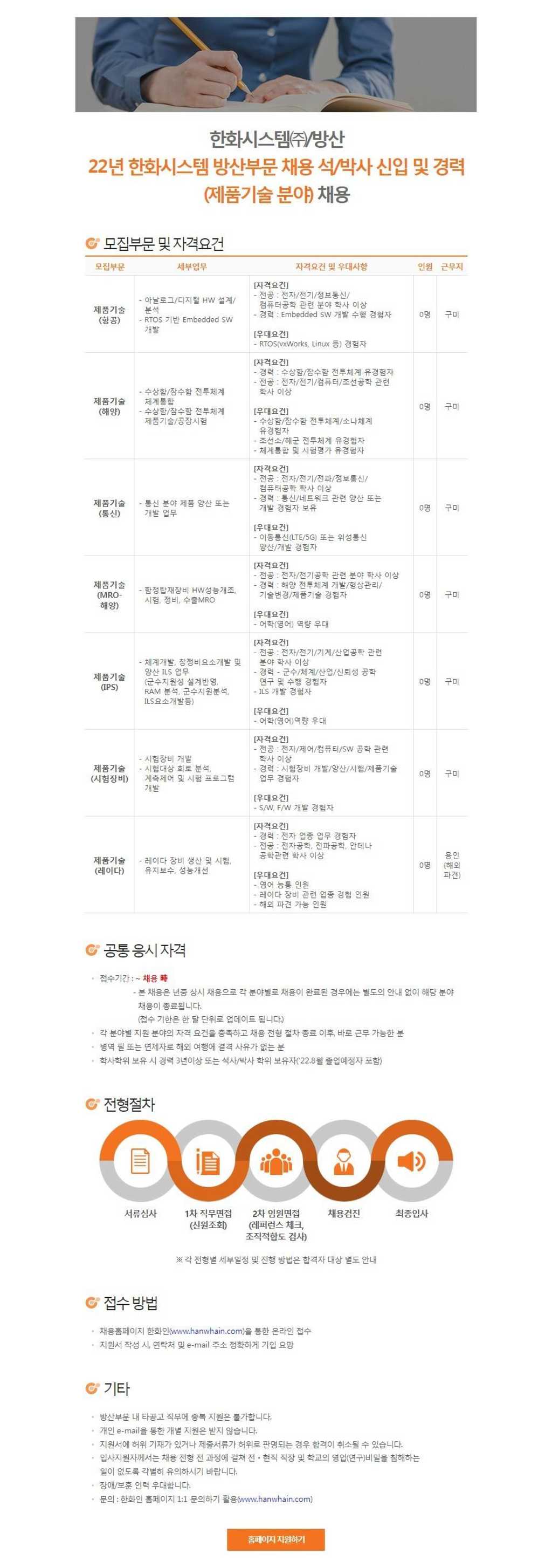 방산부문 제품기술 분야 석/박사 모집