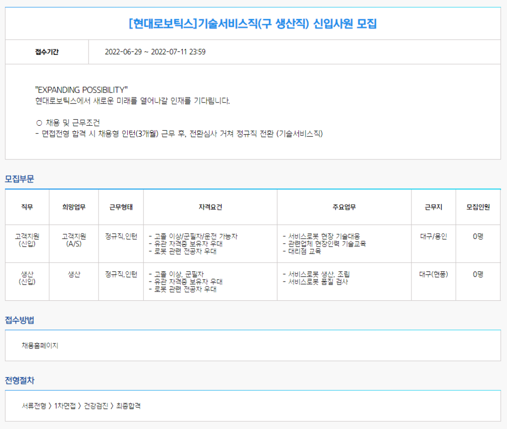 기술서비스직(구 생산직) 신입사원 모집