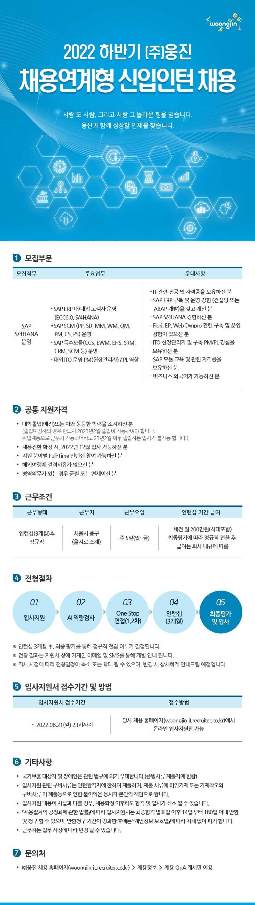 2022년 하반기 채용연계형 인턴모집(모집부문:SAP S/4HANA 운영)