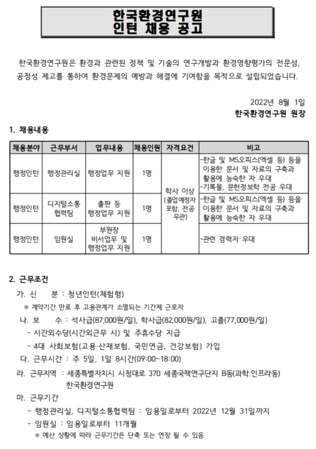 제15차 각 분야별 인턴직 채용