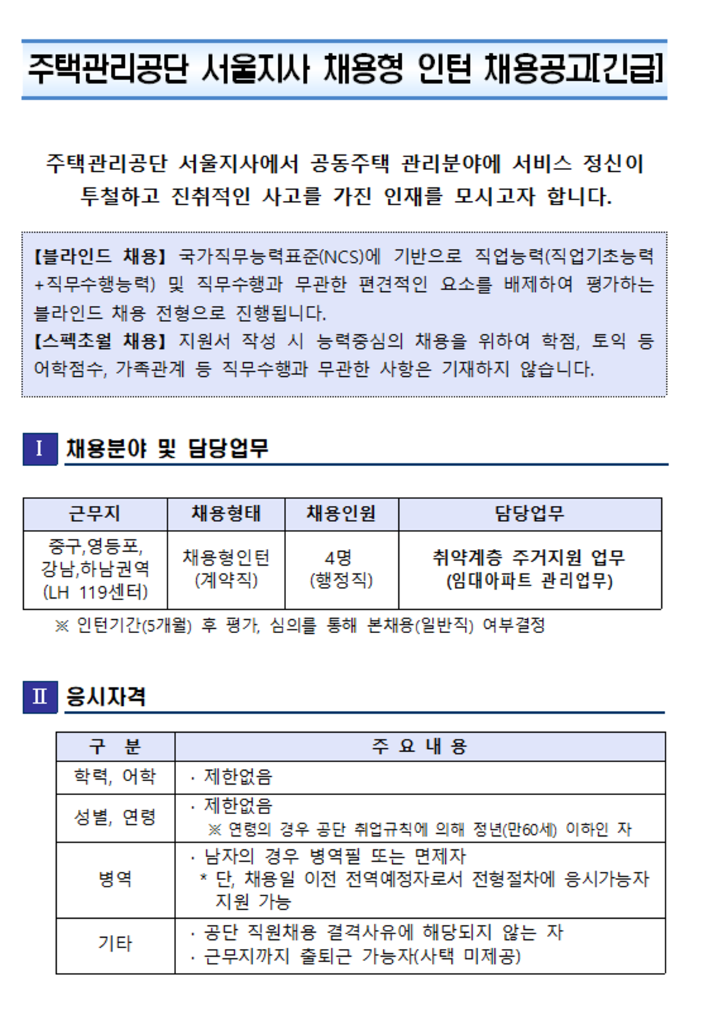 서울지사 채용형 인턴 채용