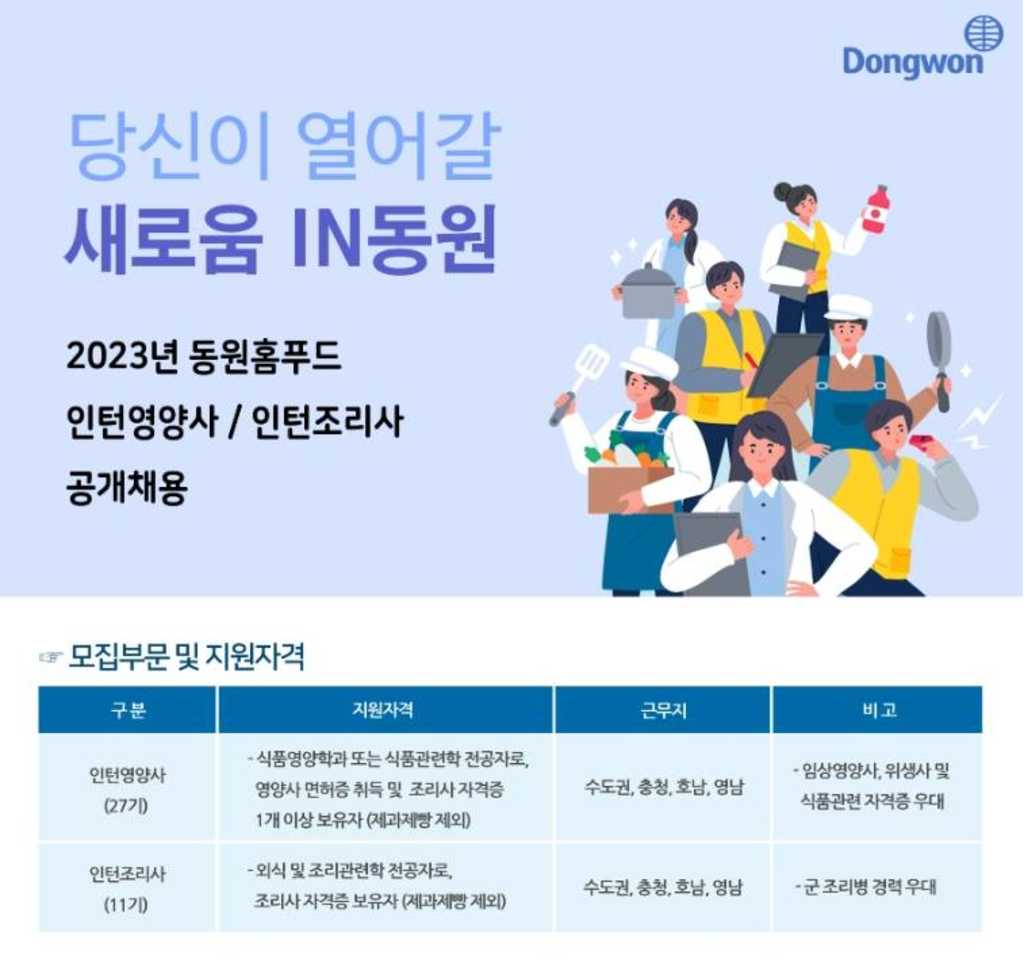 2023년 동원홈푸드 인턴영양사/인턴조리사 공개 채용