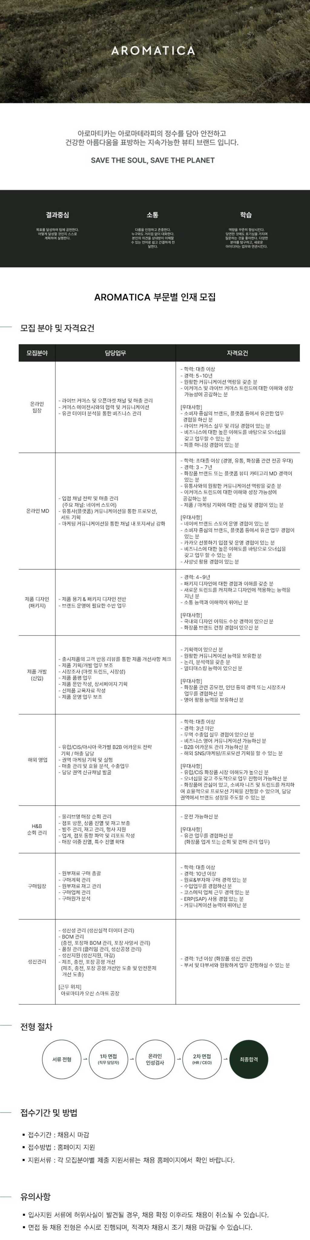 AROMATICA 부문별 인재 채용