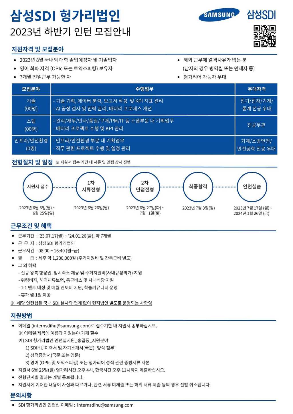 [삼성SDI] 23 하반기 기술, 스텝 등 분야별 헝가리법인 인턴 채용