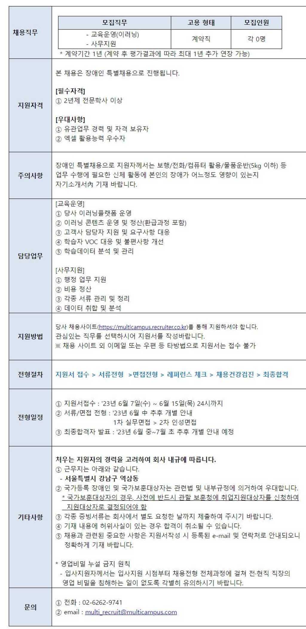 [멀티캠퍼스] [장애인 특별전형] 교육운영(이러닝)/ 사무지원 채용 (계약직)