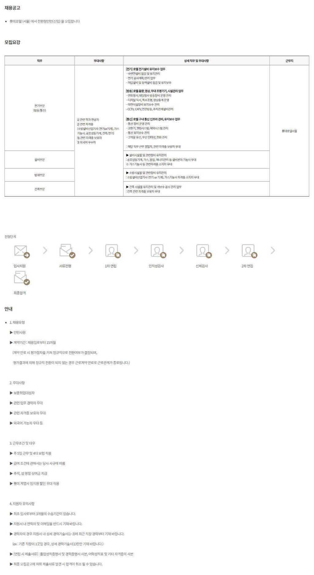 [호텔롯데] 2023 롯데호텔서울 시설안전관리팀 인턴사원 채용 (11월)