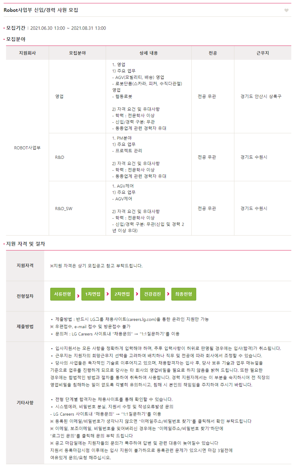 2021년 Robot 사업부 신입/경력사원 채용