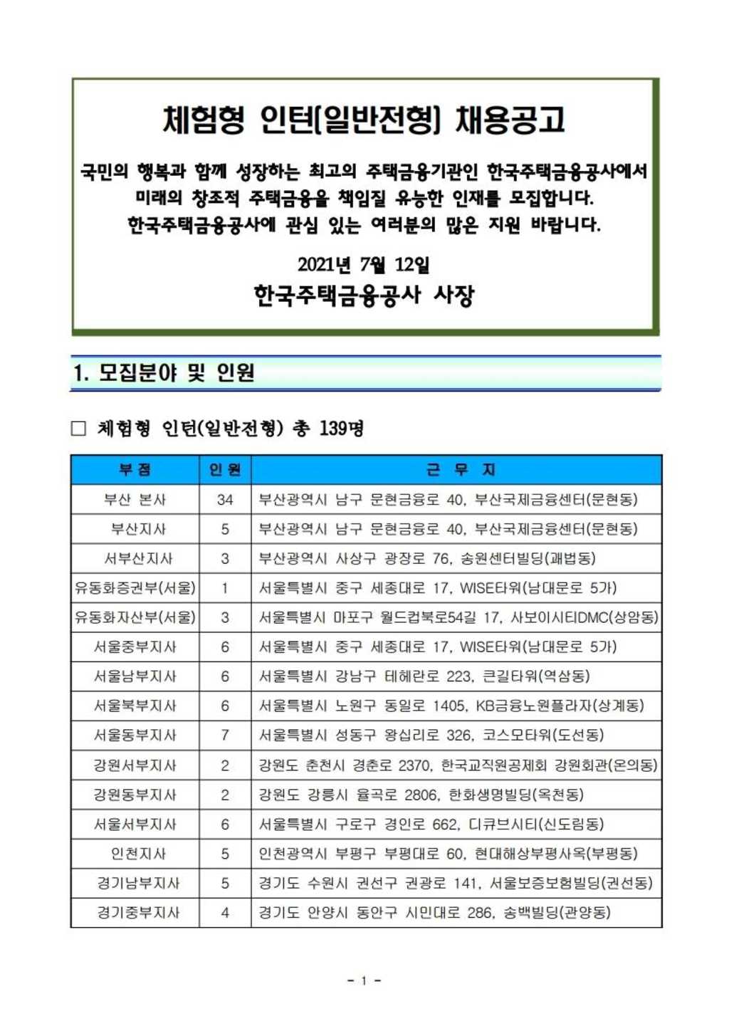 2021년 하반기 체험형 인턴(일반전형) 채용공고