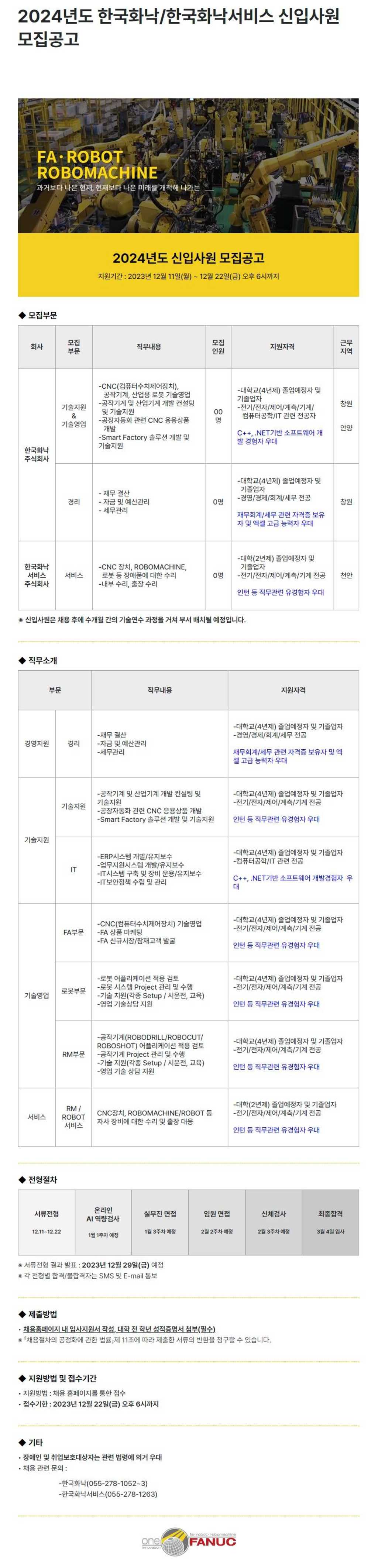 [한국화낙] 2024년도 한국화낙/한국화낙서비스 신입사원 모집공고