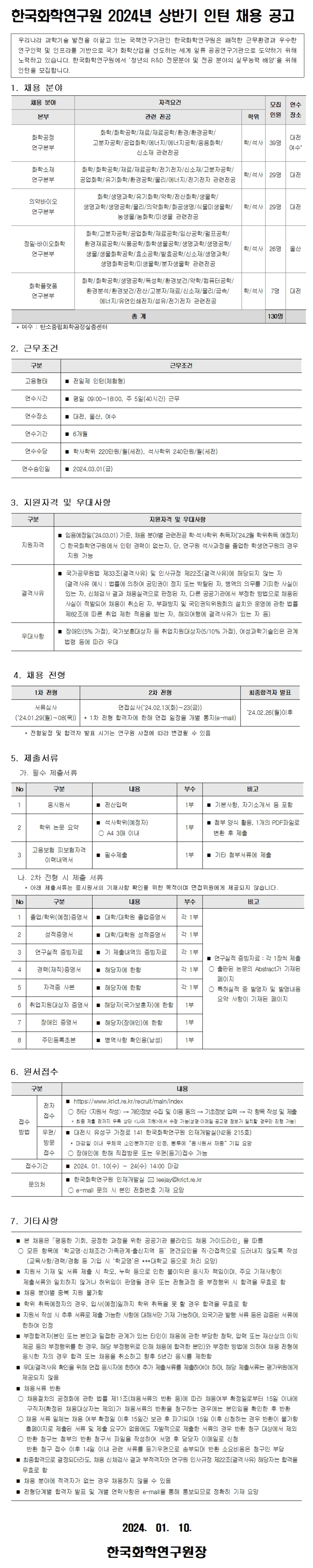 [한국화학연구원] 2024년 상반기 각 분야별 인턴 채용