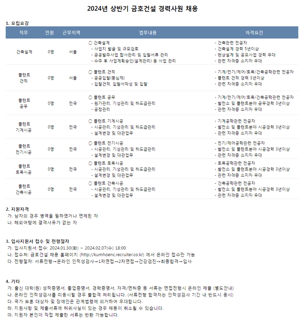 [금호건설] 2024년 상반기 신입 및 경력사원 채용