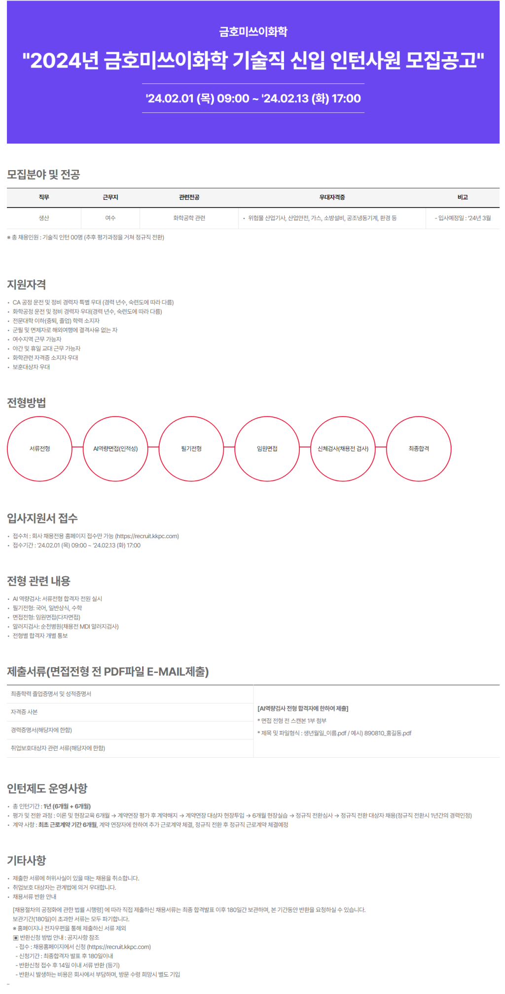 [금호미쓰이화학] 2024년 기술직 신입 인턴사원 채용