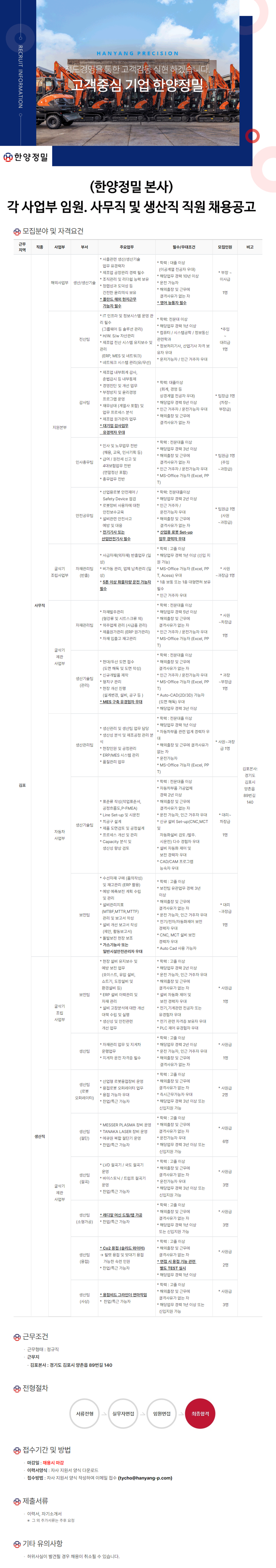 [한양정밀] 본사 각 분야별 신입 및 경력직원 채용