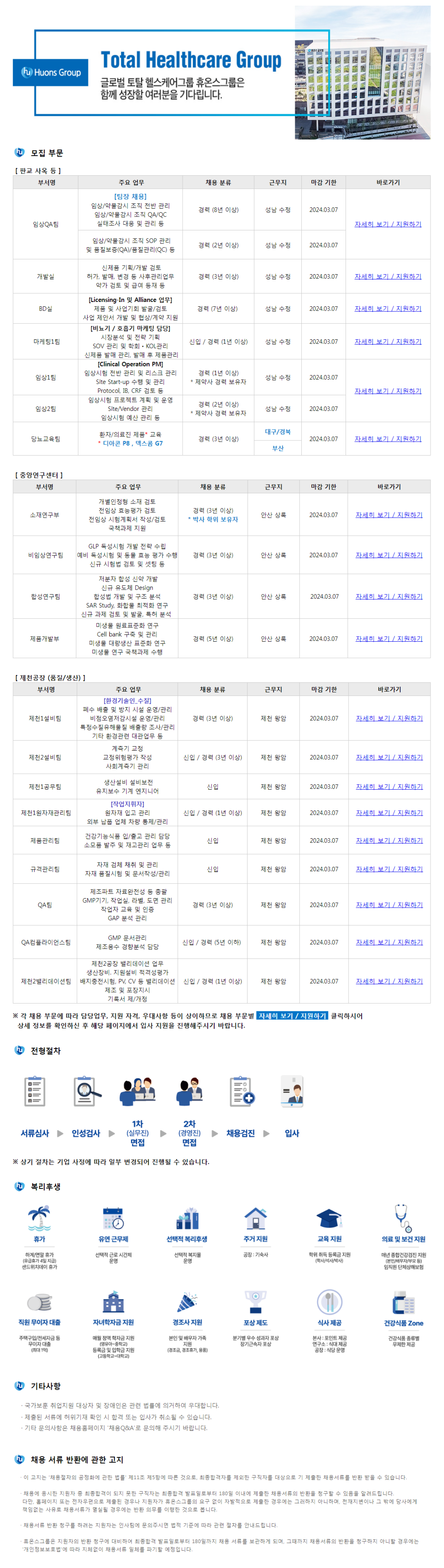 [휴온스그룹] 휴온스 각 부문 신입 및 경력 채용