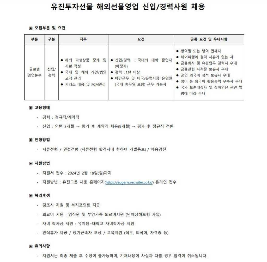 [유진투자선물] 선물영업 채용