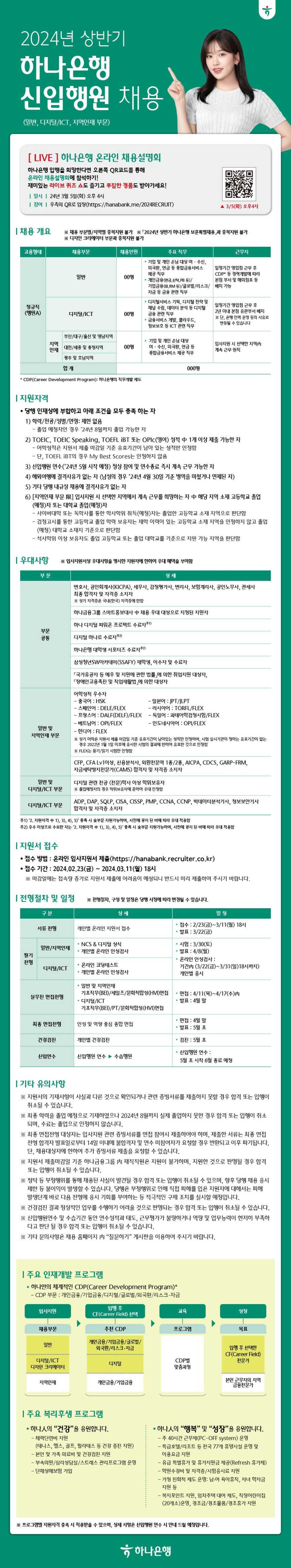 [하나은행] 2024년 상반기 신입행원 채용(일반, 디지털/ICT, 지역인재 부문)