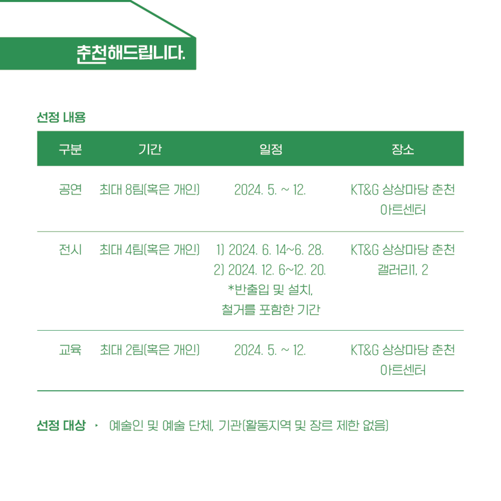 2024 KT&G 상상마당 춘천 공간 지원사업 <춘천해드립니다>