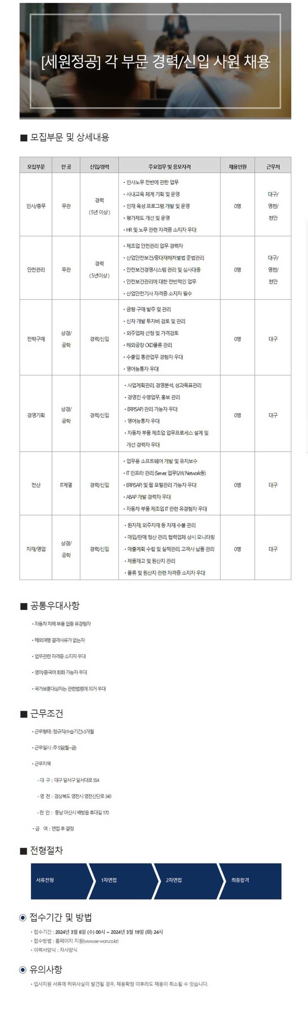 [세원정공] 각 부문 경력/신입 사원 채용