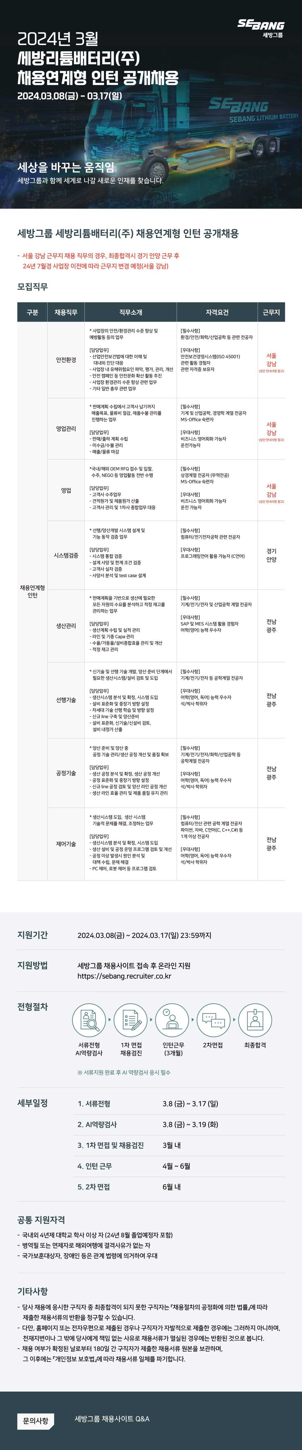 [세방리튬배터리 2024년 3월 세방리튬배터리(주) 채용연계형 인턴 채용