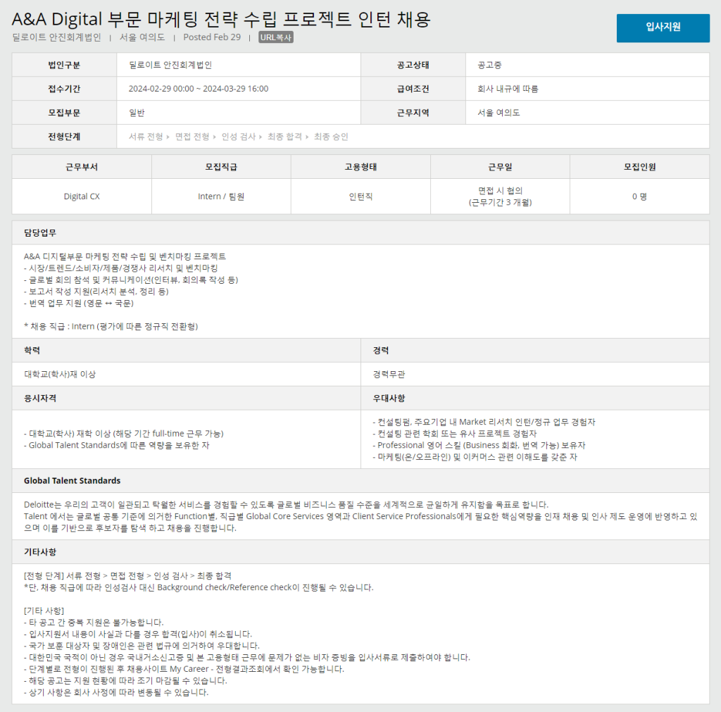 [딜로이트 안진회계법인] A&A 디지털 부문 마케팅 전략 수립 프로젝트 인턴 채용 | 공모전 대외활동-링커리어