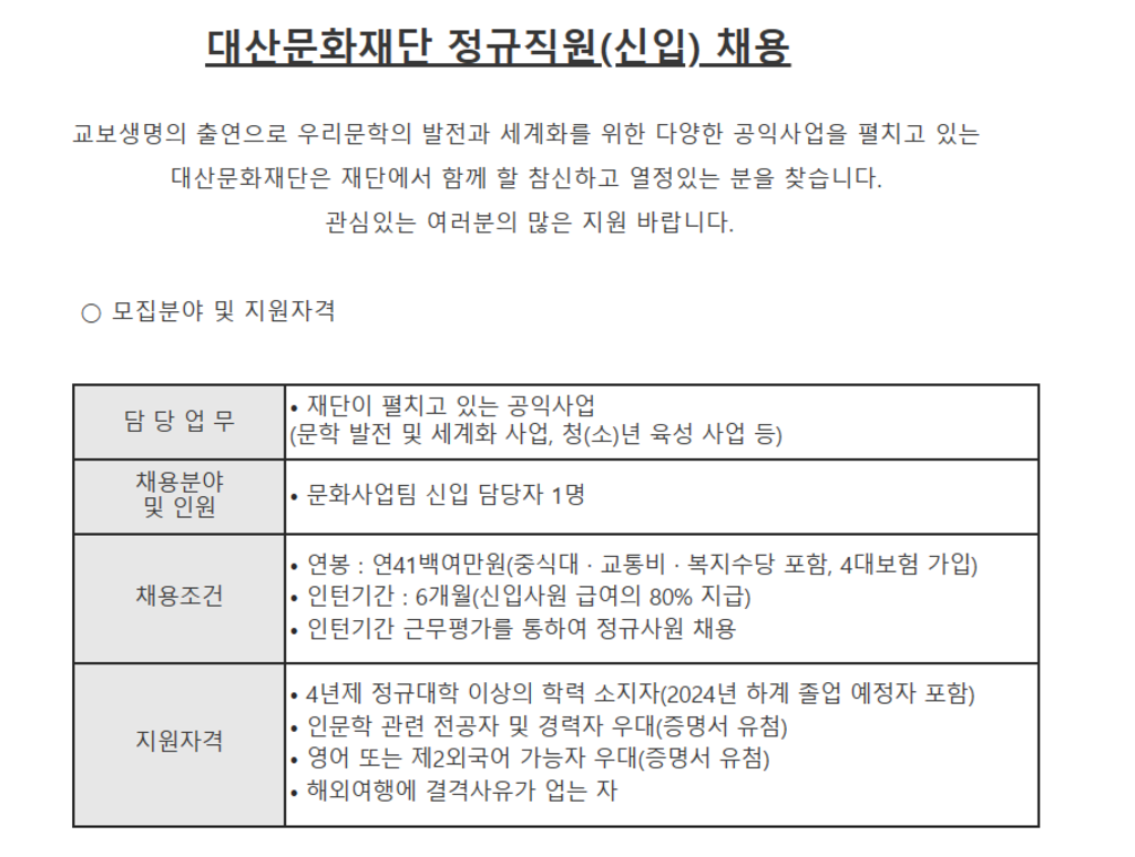 [대산문화재단] 정규직원(신입) 채용