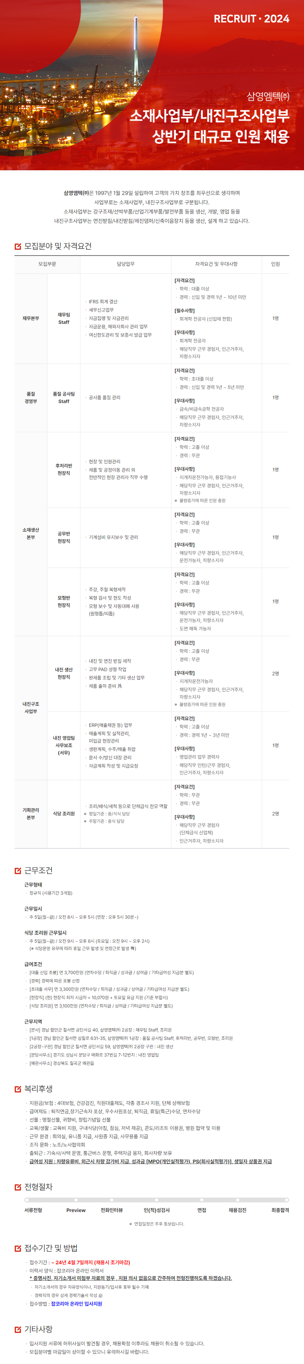 [삼영엠텍] 2024년 상반기 각 분야별 신입 및 경력 대규모 인원 채용