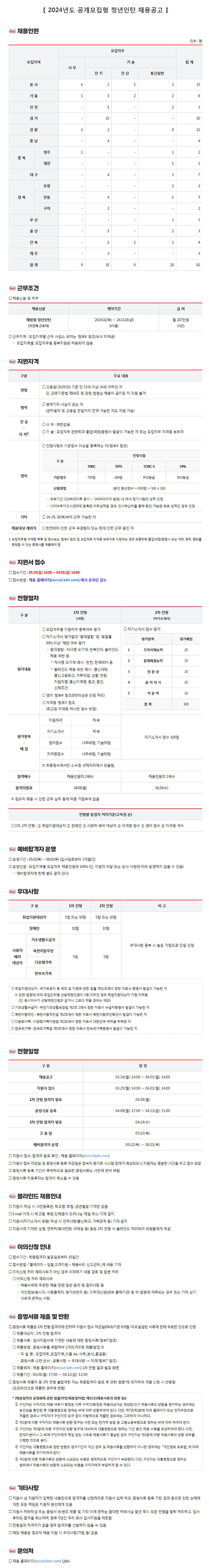 [한전KDN] 2024년도 공개모집형 청년인턴 채용