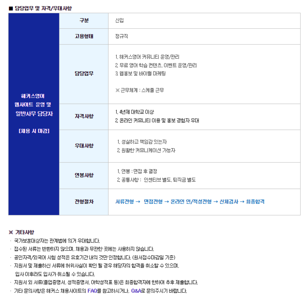 [해커스어학원] [신입][기획] 해커스영어 웹사이트 운영 및 일반사무 담당자