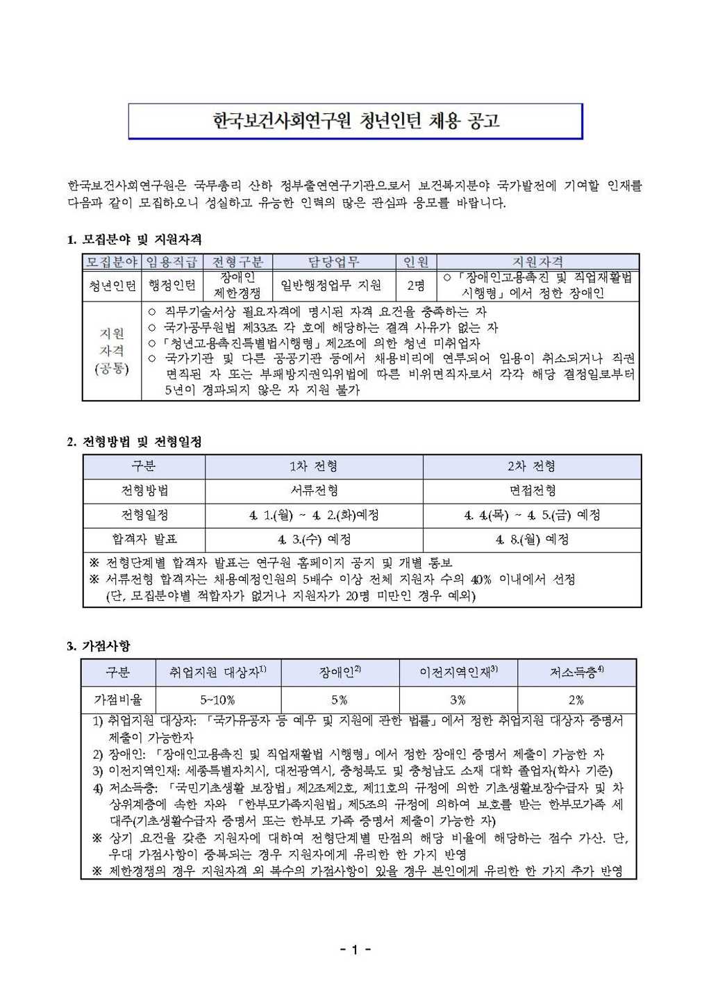 [한국보건사회연구원] 행정인턴(장애인 제한경쟁) 채용(3차)