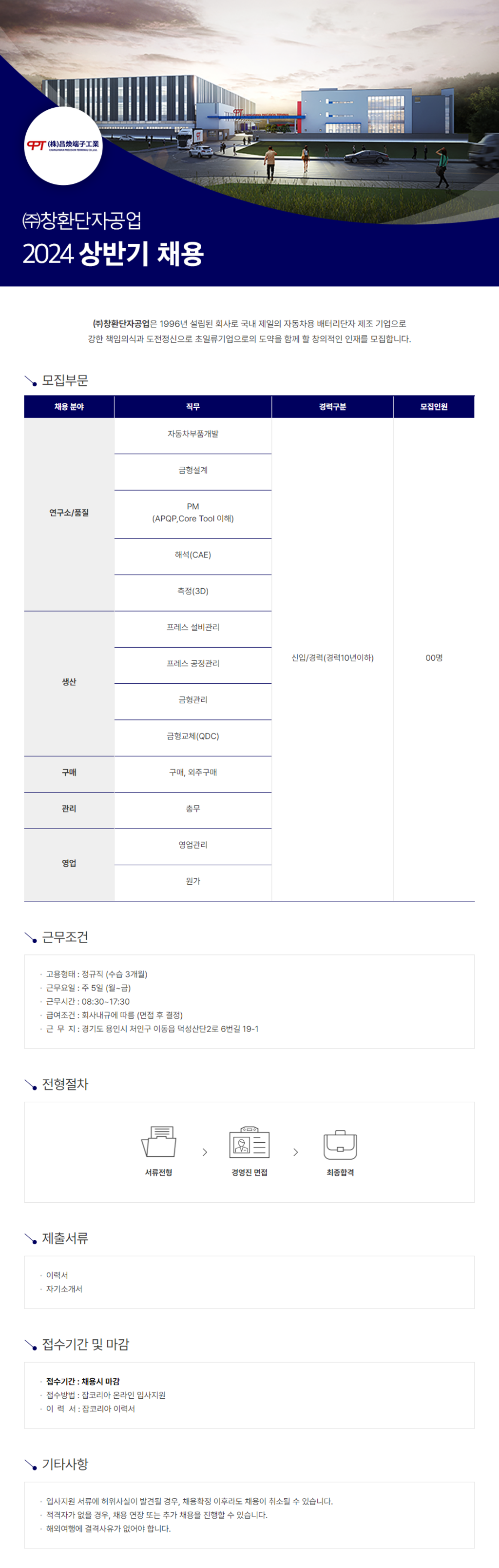 [창환단자공업] 2024년 상반기 각 부문별 신입 및 경력채용