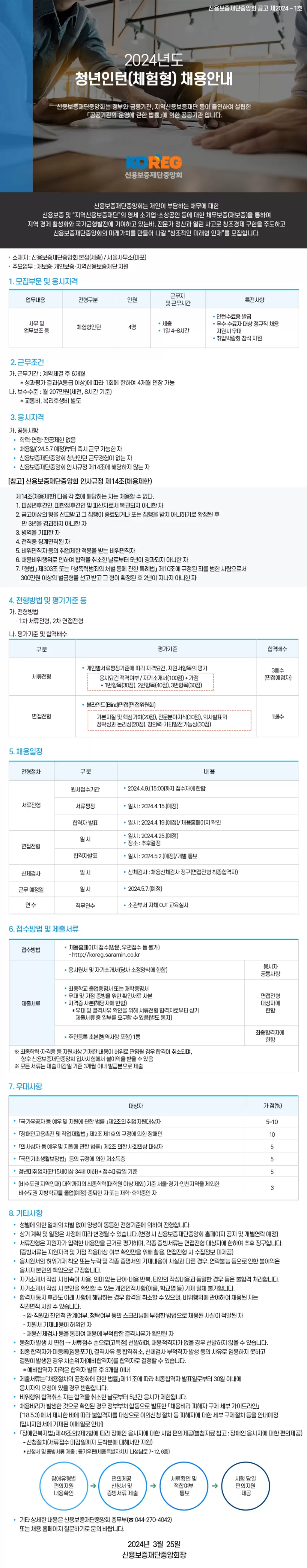 [신용보증재단중앙회] 2024년 청년인턴(체험형) 채용안내