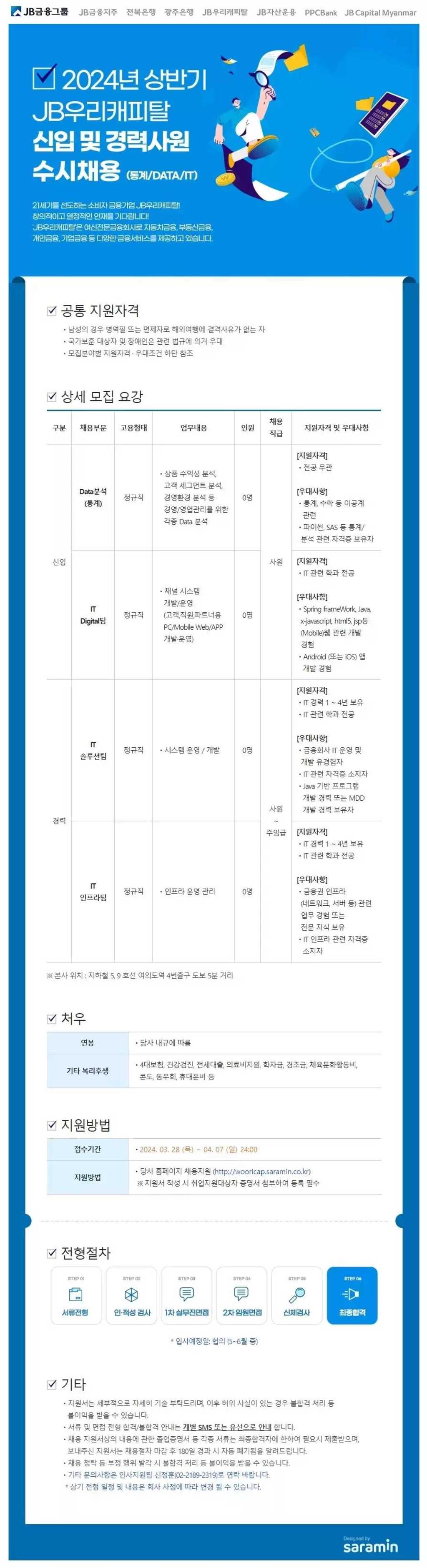 [JB우리캐피탈] 2024년 상반기 신입 및 경력사원 수시채용