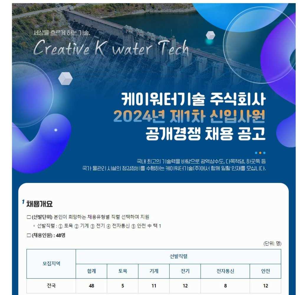 [케이워터기술] 2024년 제1차 신입사원 공개경쟁 채용