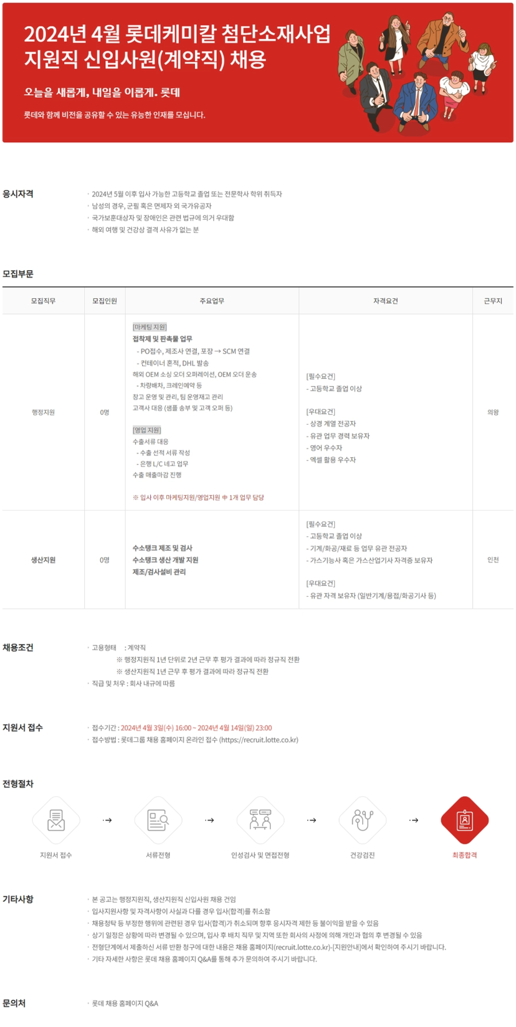 [롯데케미칼] 2024년 4월 롯데케미칼 첨단소재사업 지원직 신입사원(계약직) 채용