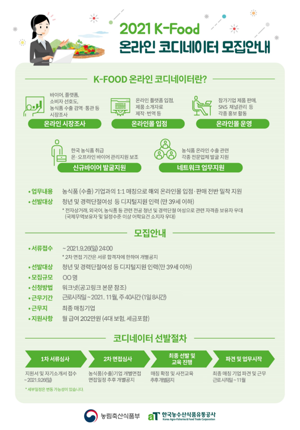 2021 K-FOOD 온라인 코디네이터 수시모집 (aT한국농수산식품유통공사) (~9/26)