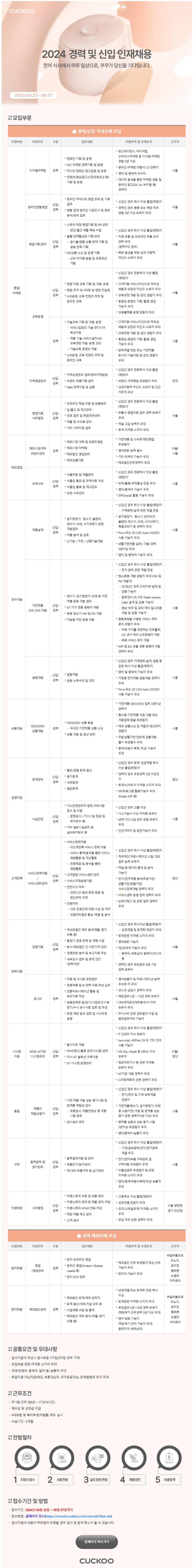 [쿠쿠홀딩스] 2024년 2분기 경력 및 신입 인재채용