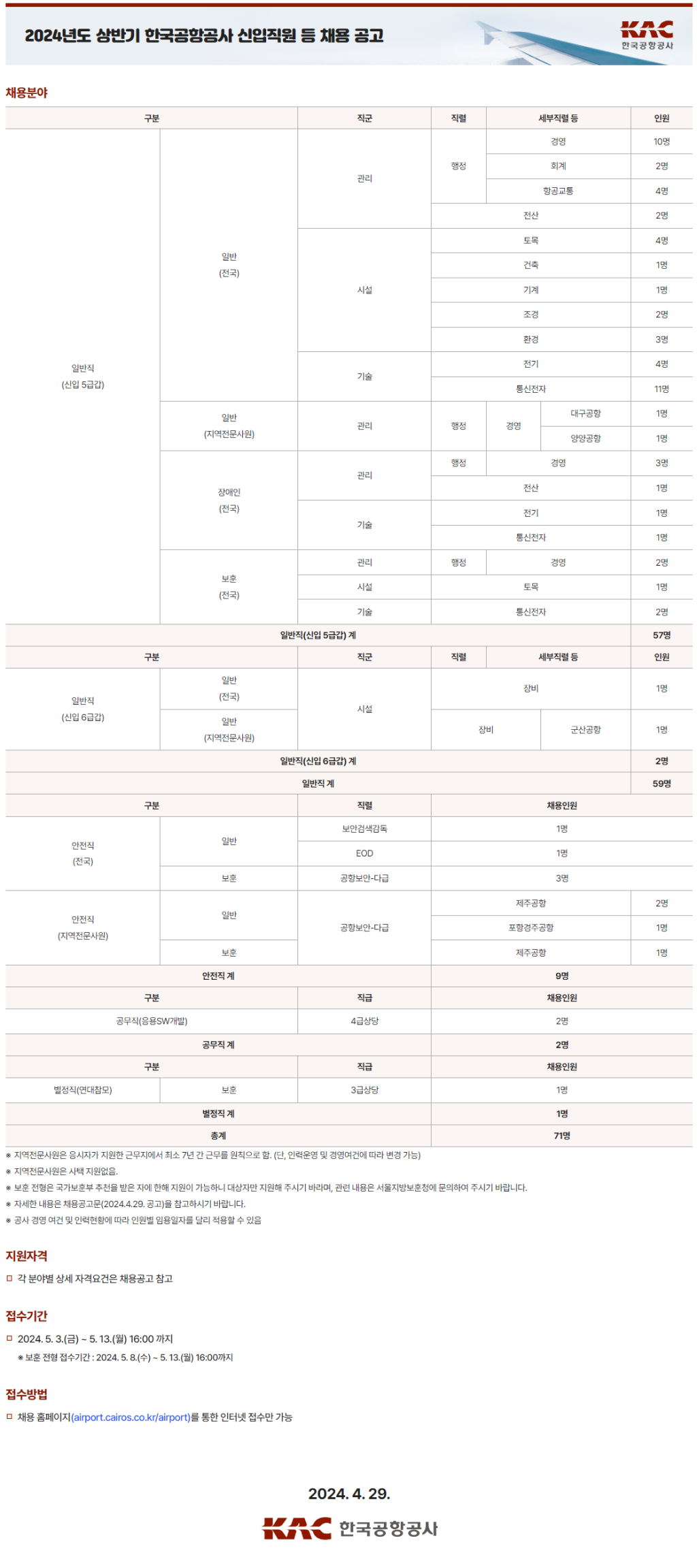 [한국공항공사] 2024년도 상반기 신입 및 경력직원 채용공고