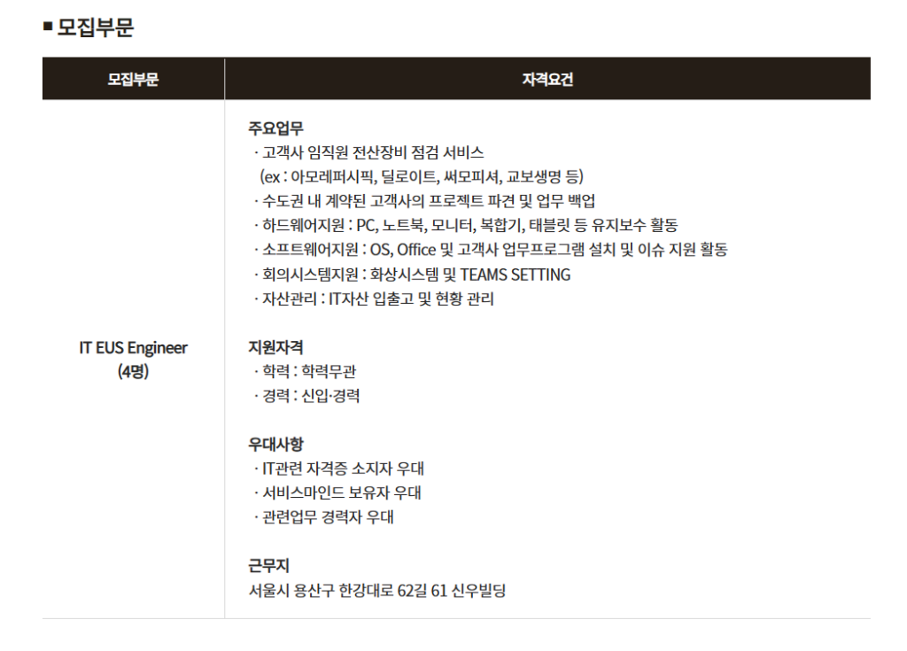 [MITMAS] [IT EUS 엔지니어] IT 기술지원 서비스 담당자 모집