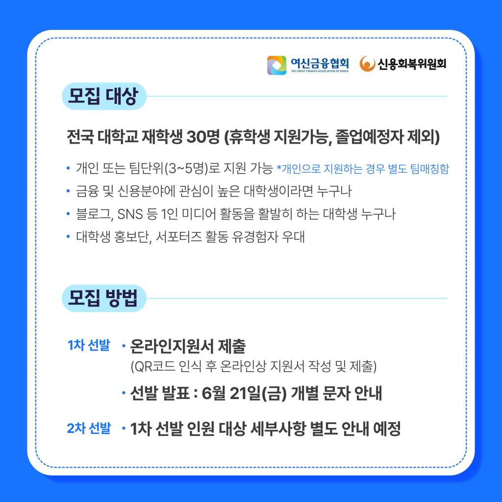 [여신금융협회] 제8기 서포크레딧 대학생 신용홍보단 모집(~6/14)