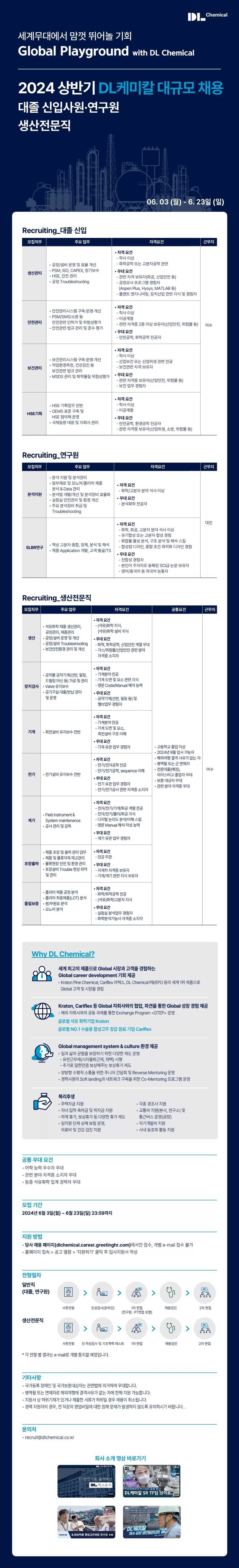 [DL케미칼] 2024 대졸 신입사원/연구원/생산전문직 대규모 채용